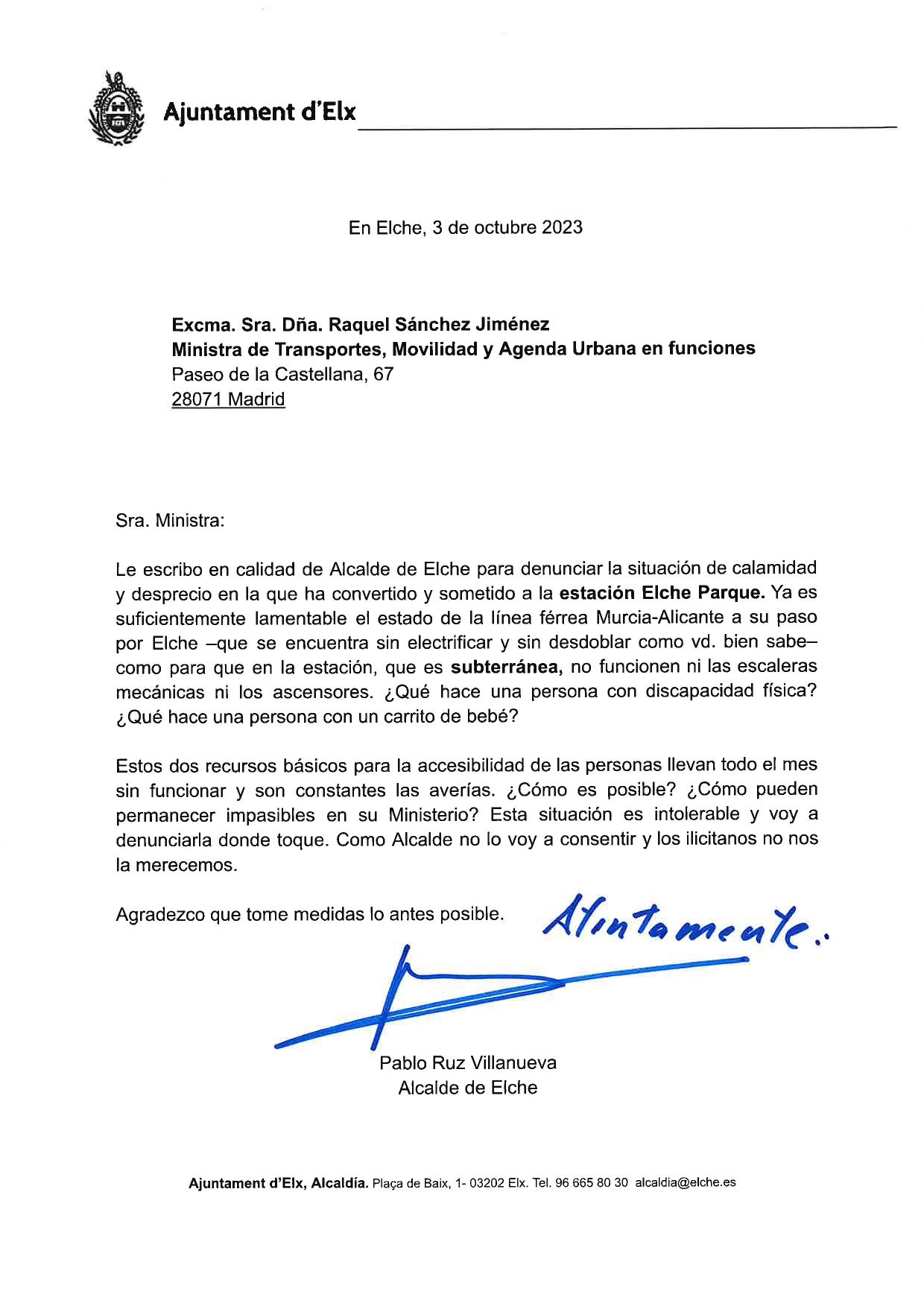 La carta que ha remitido Pablo Ruz al Ministerio de Transportes.