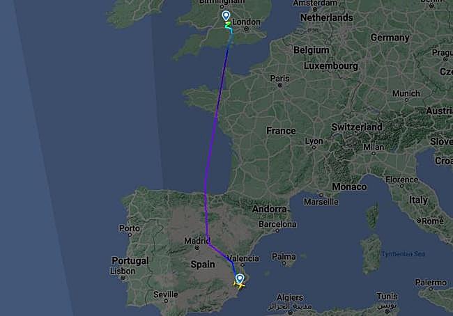 Recorrido del Boeing C-17 Globemaster III entre Alicante y Brize Norton.