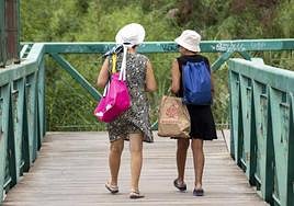 Dos señoras, con atuendo veraniego, de vuelta de la playa.