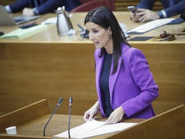 La consellera Ruth Merino durante su intervención en Les Corts este miércoles.