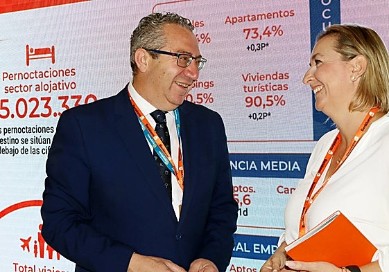 Toni Pérez junto a Leire Bilbao, directora de la Fundación Visit Benidorm, en Fitur