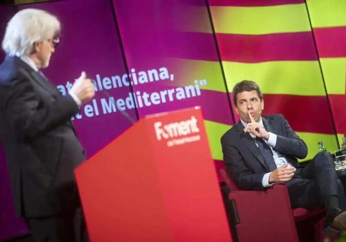 El presidente de la Generalitat valenciana, Carlos Mazón (d), acompañado del presidente de Foment del Treball, Josep Sánchez Llibre. Pérez