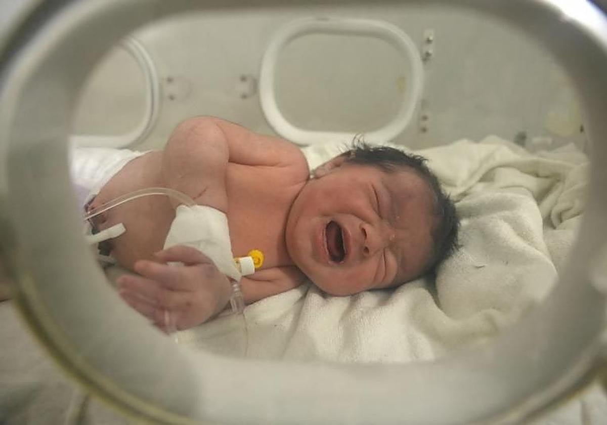 Bebé recién nacido en una incubadora.