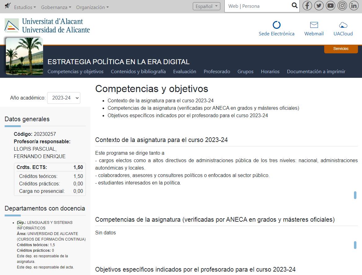 Web de la Universidad de Alicante con el curso que impartirá Toni Cantó.