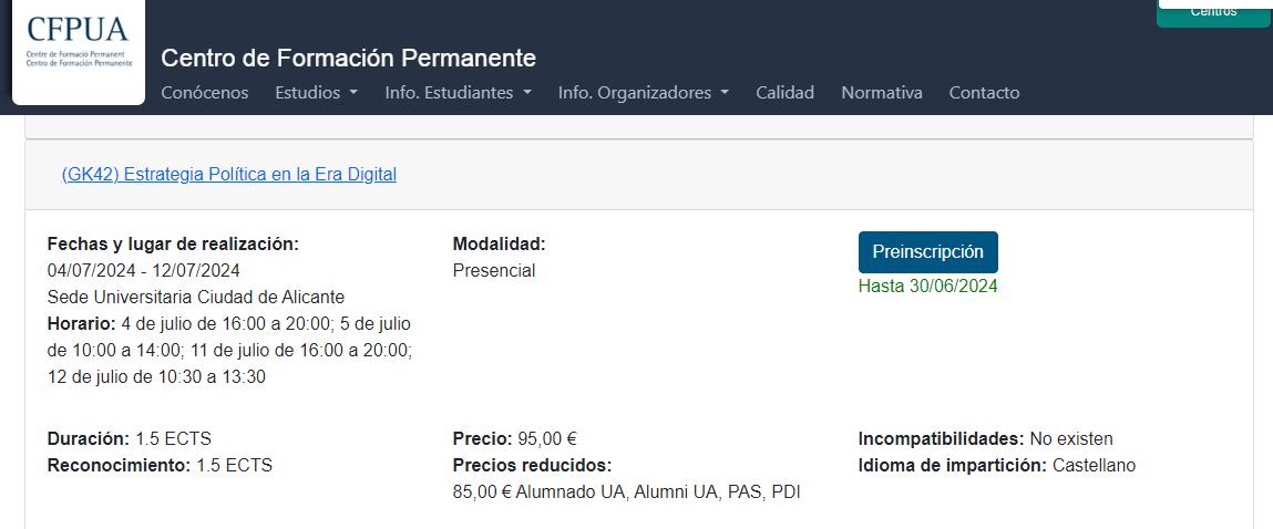 Publicación del curso en el Centro de Formación Permanente de la Universidad de Alicante.