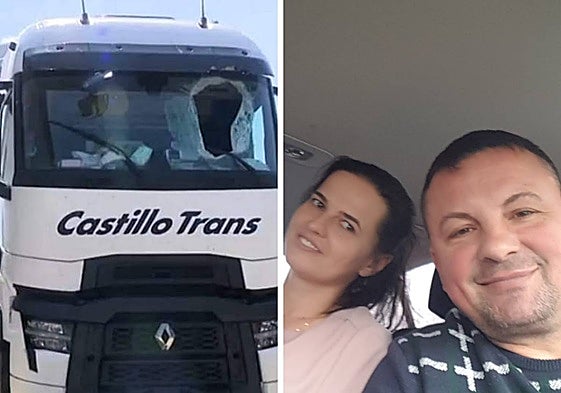 Camión destrozado por la tapa de alcantarilla/foto de la pareja.