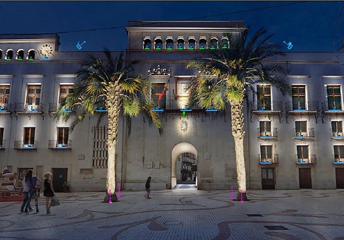 Recreación de la nueva iluminación del Ayuntamiento de Elche.