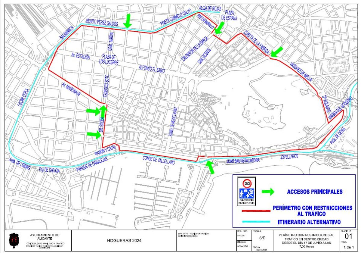 Circuito restringido al tráfico en Alicante para las Hogueras 2024.