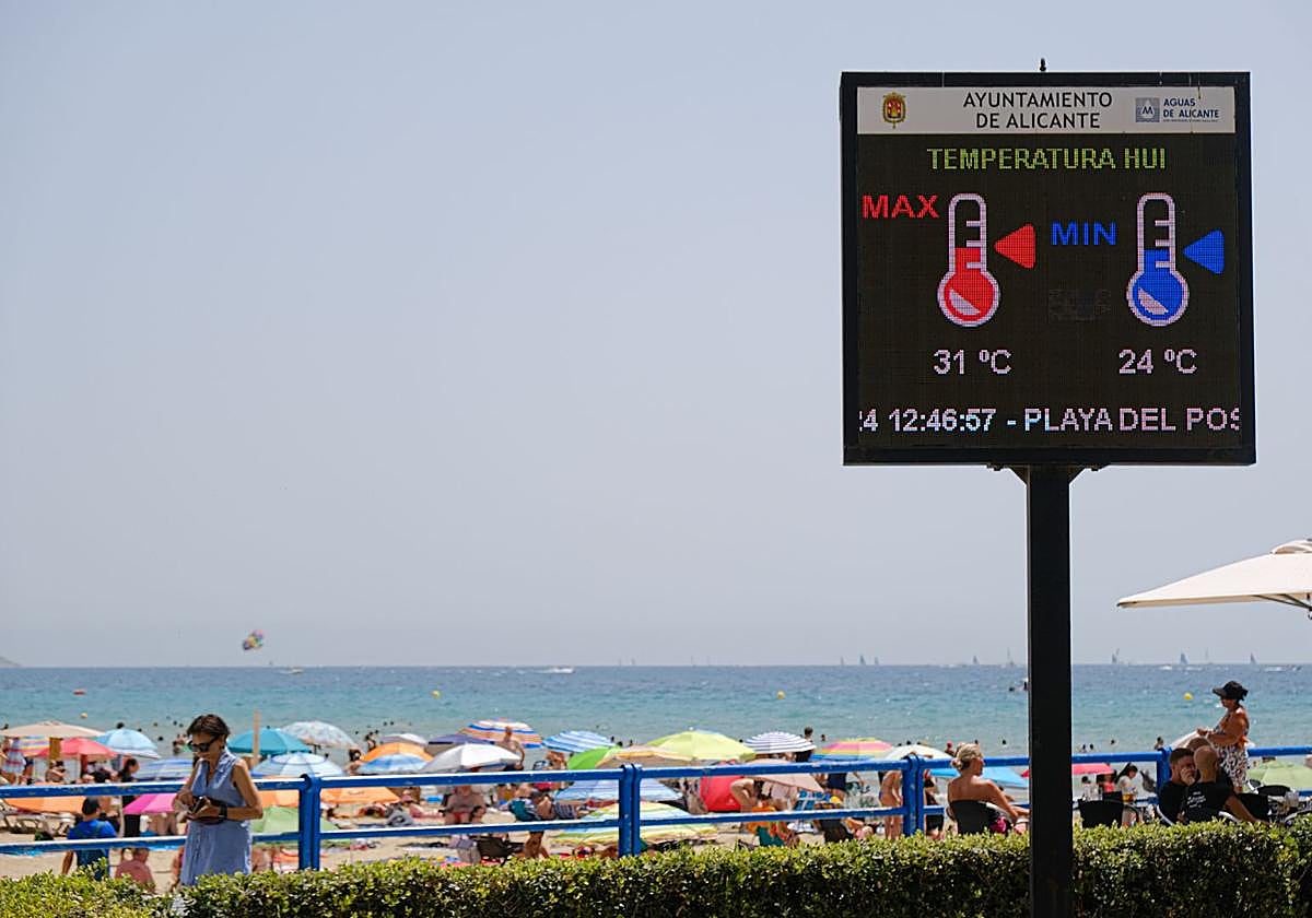 Termómetro en la playa del Postiguet, en Alicante.