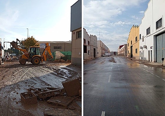 Tareas de limpieza en uno de los polígonos/Vista de una calle limpia en el polígono de Beniparrell.