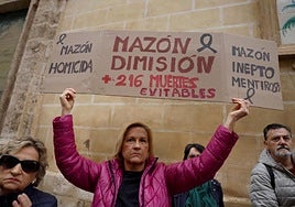 Una mujer porta una pancarta contra el presidente Mazón, a la puertas de Les Corts.