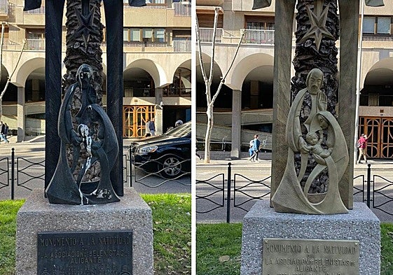 Monumento a la Natividad, en Óscar Esplá, antes y después de la limpieza.