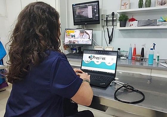 Una veterinaria clínica accediendo a la plataforma PRESVET para comunicar telemáticamente prescripciones de antibióticos.