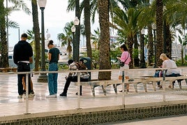 Personas descansan en los bancos de la Explanada de Alicante.