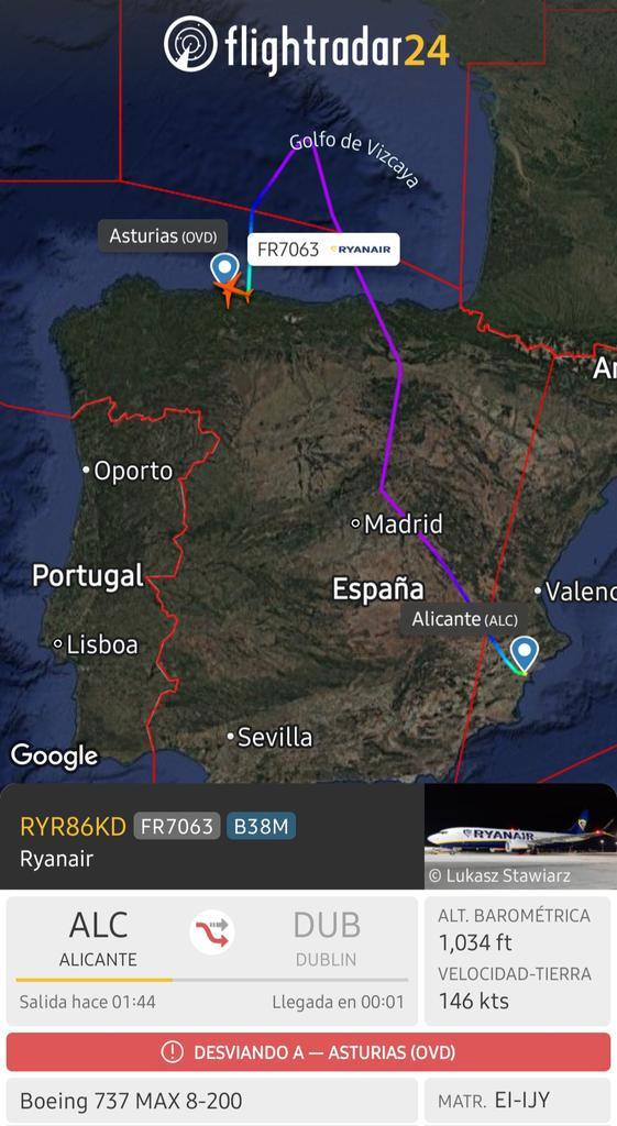 Cambio de ruta del vuelo de Alicante por urgencia médica.