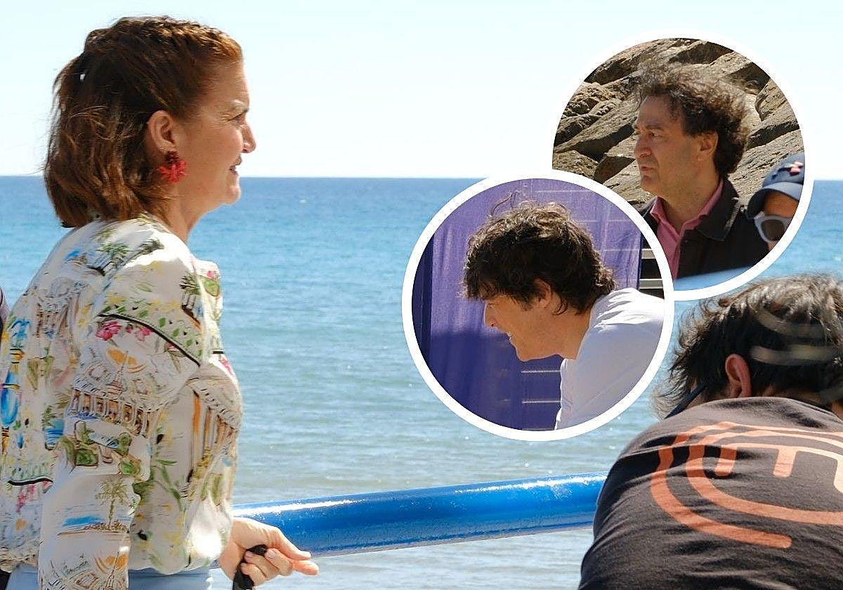 Samantha Vallejo-Nágera, Jordi Cruz, and Pepe Rodríguez, on Monday, during the filming of MasterChef at Postiguet Beach.