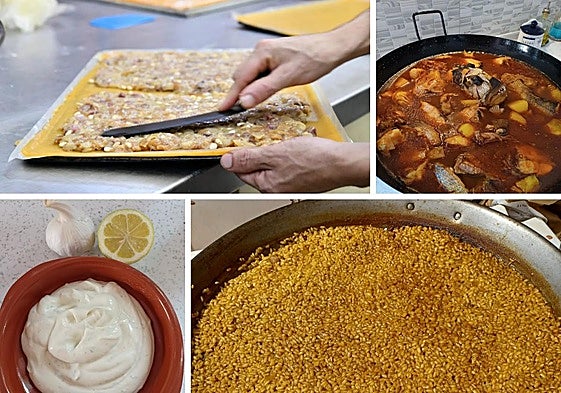 Coca amb tonyina, allioli y caldero.