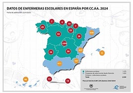Mapa que muestra el reparto de enfermeras escolares por comunidades autónomas.