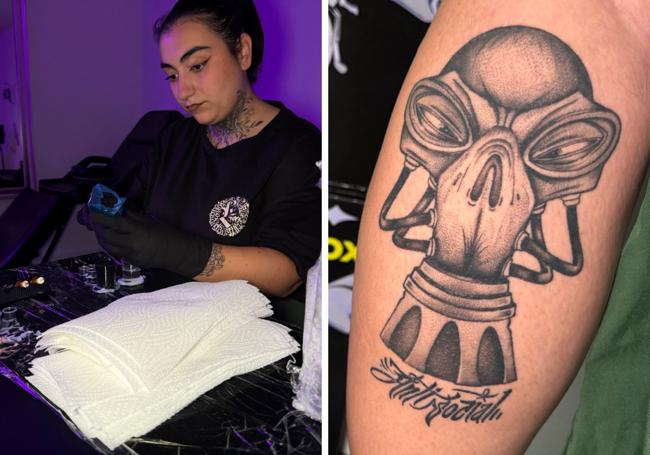 Paula Iborra en su estudio de tatuajes, y detalle del de Carolinas Altas.