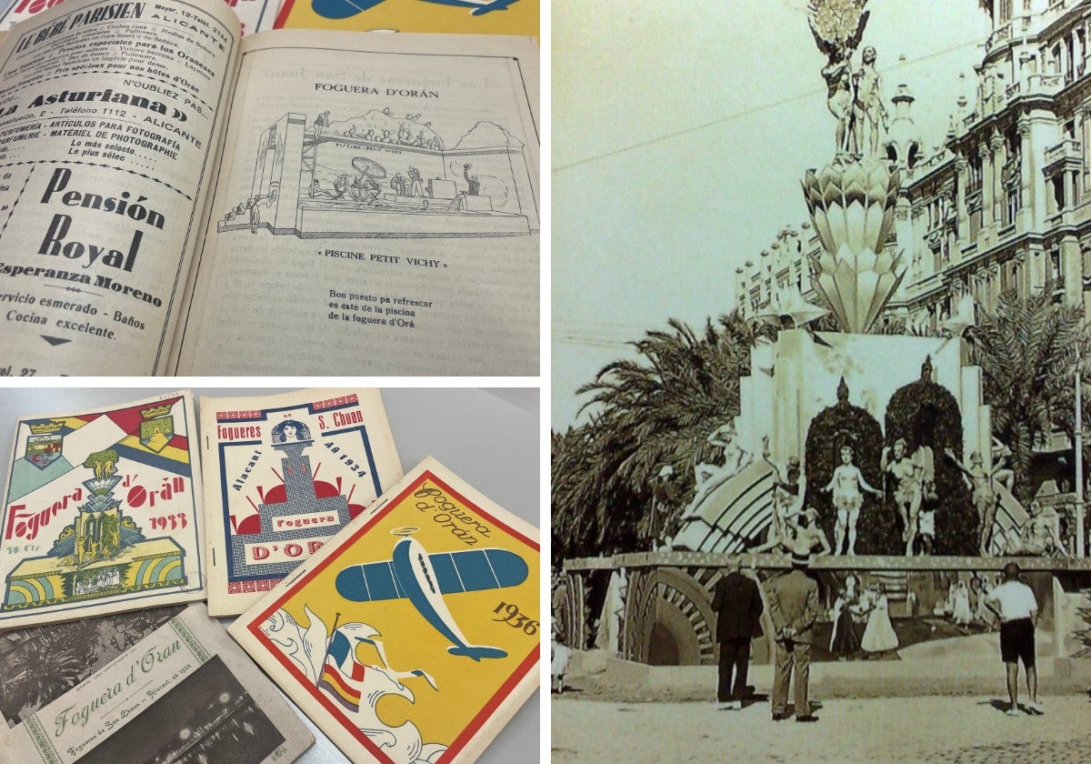 Llibrets de la foguera de Orán, boceto de 'Piscina', foguera de Orán de 1935, y foguera de Orán de 1933.