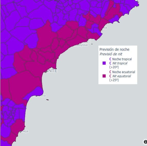 Municipios de alicante en los que se prevé noches ecuatoriales.