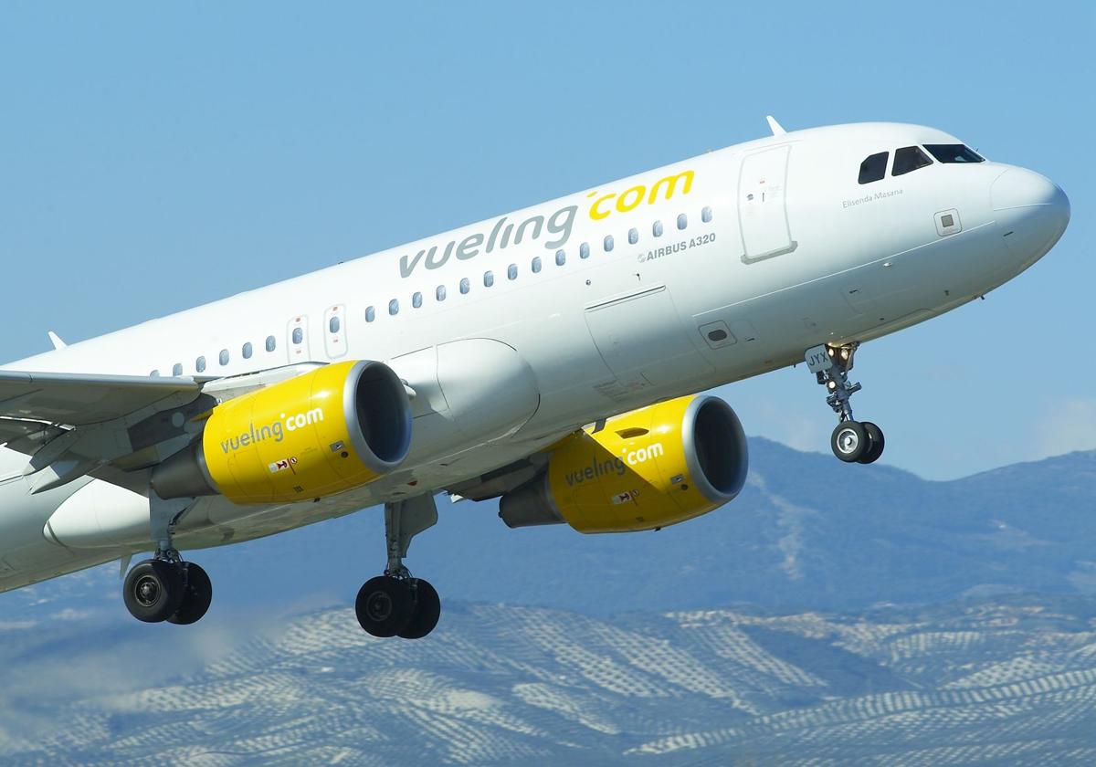 A Vueling aircraft during takeoff.