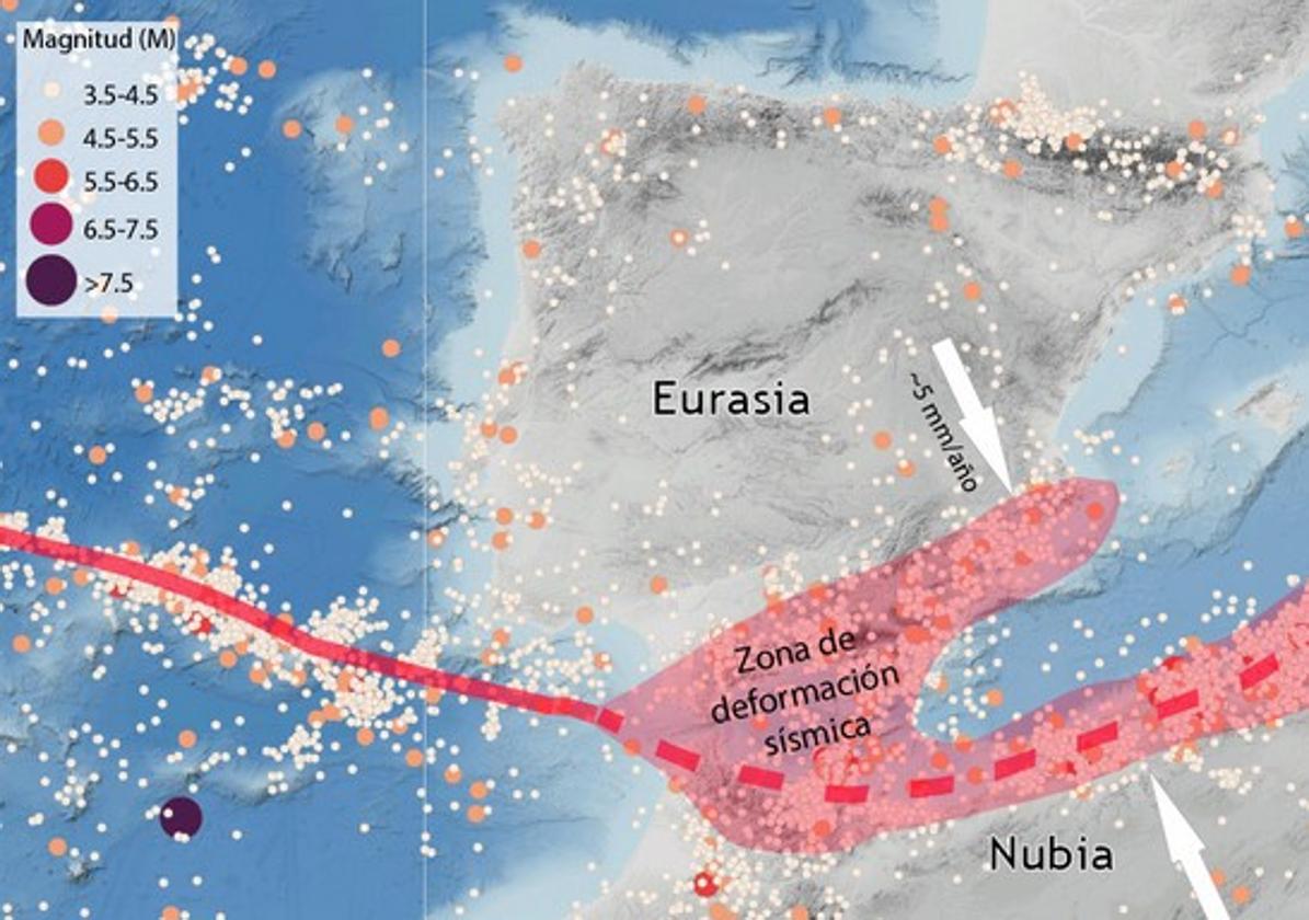 Tectonic map of the Iberian Peninsula highlighting the deformation zone with the highest seismic activity.