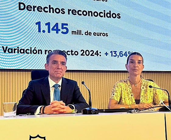 El director de la AVT, Ángel Zaera y la consellera de Hacienda y Economía, Ruth Merino, en la presentación de la recaudación.