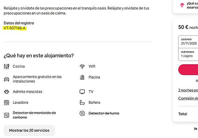 Ejemplo de un anuncio en el que se muestra el código de vivienda turística