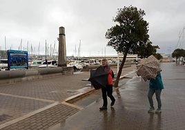 Varias personas luchan contra el viento y la lluvia en Denia este miércoles.