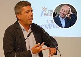 El presidente de la Generalitat, Carlos Mazón, en un acto en Alicante. Arriba, el exjefe del Consell Francisco Camps.