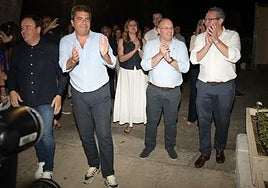 El secretario general del PPCV, Juanfran Pérez; el presidente popular, Carlos Mazón; el secretario general del PP, Miguel Tellado, y el presidente provincial de Alicante, Toni Pérez.