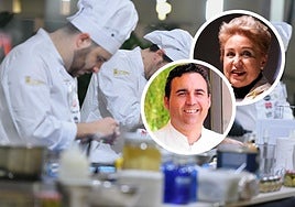 Los cocineros, en los fogones. En pequeño, los jurados Susi Díaz y Joaquín Baeza.