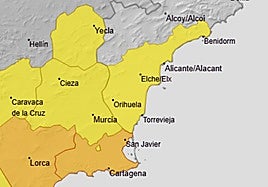 Mapa de la alerta amarilla en Alicante.