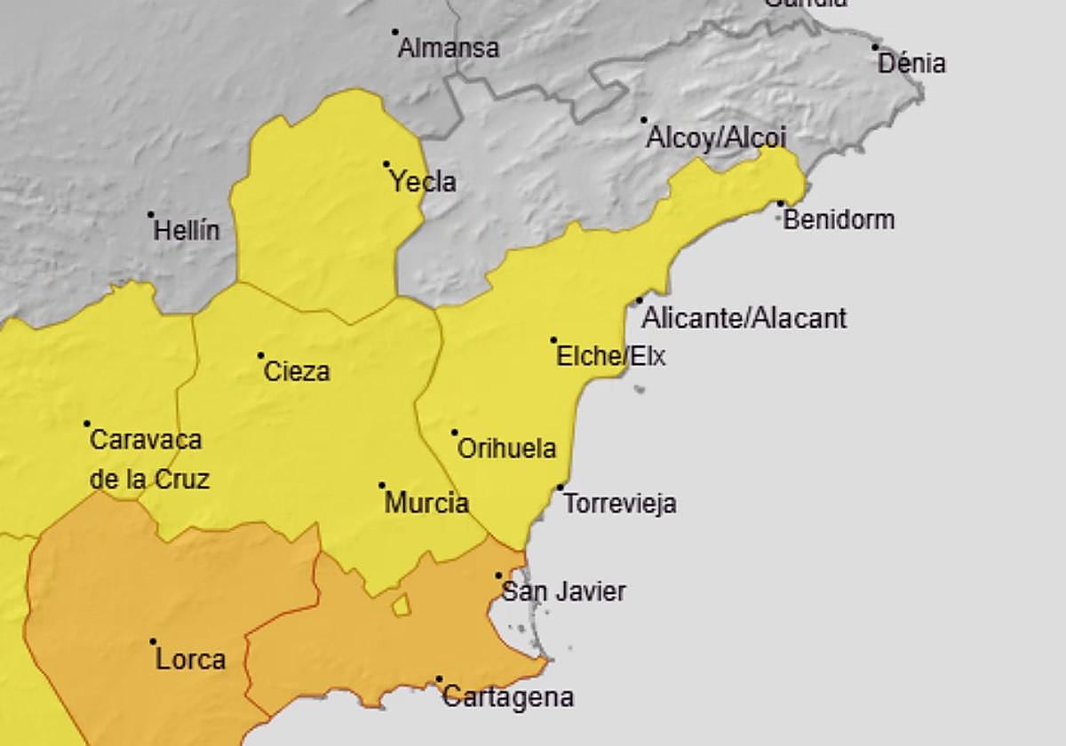 Mapa de la alerta amarilla en Alicante.