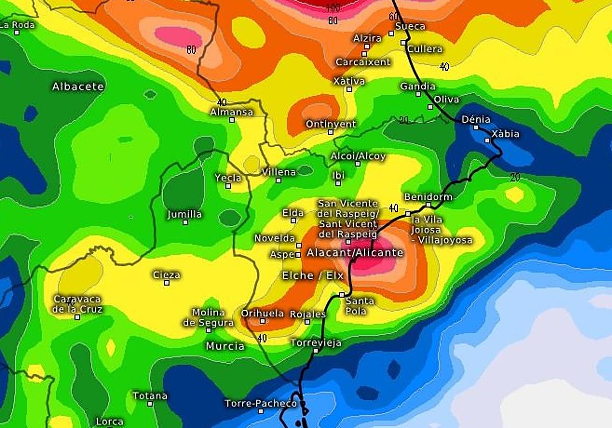 Mapa de los acumulados esperados en el episodio de lluvias.