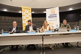 Jornada de Conectividad Aérea en Alicante. De izquierda a derecha: Luis Castillo, presidente de APHA; José Mancebo, director del Patronato de Turismo; Alejandra Ruiz, directora de comunicación de Ryanair; y Fede Fuster, presidente de Hosbec.