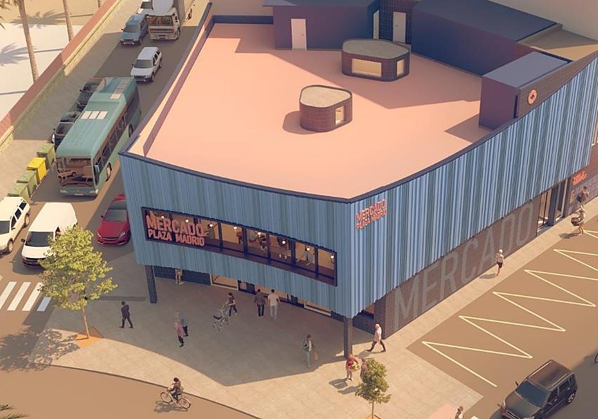 Imagen principal - Montaje con las imágenes del futuro Mercado de Plaza Madrid, los planos del proyecto y una vista del entorno urbano donde se integrará el nuevo edificio.
