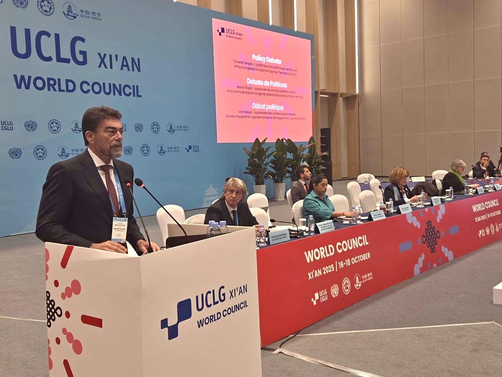 Barcala durante su intervención ante el Consejo Mundial de Ciudades y Gobiernos Locales Unidos.