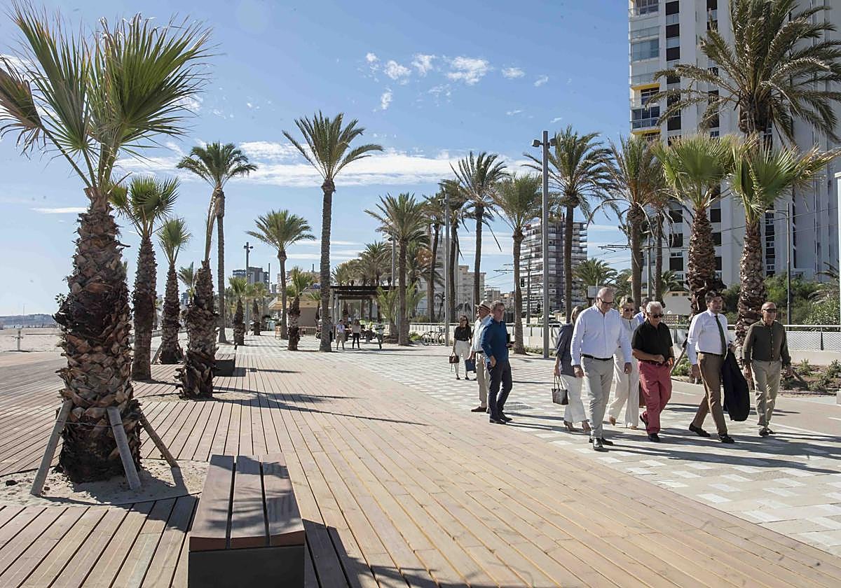 The Mayor of Alicante, Luis Barcala, and the Deputy Mayor, Manuel Villar, stroll among palm trees along the new Niza Avenue with the municipal committee.