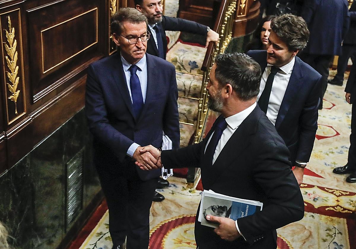 Feijóo saluda a Abascal en el Congreso de los Diputados.