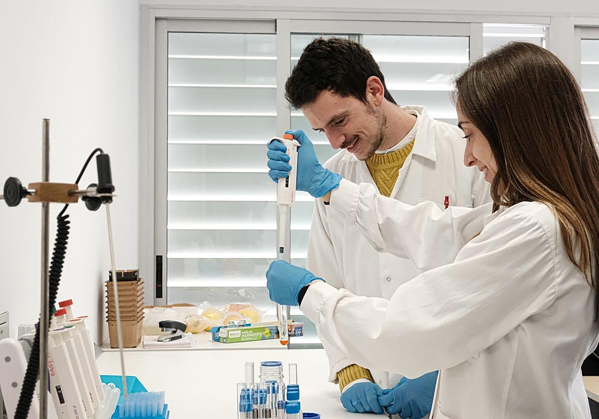 Dos de los tres fundadores de la startup en su laboratorio en la UMH.
