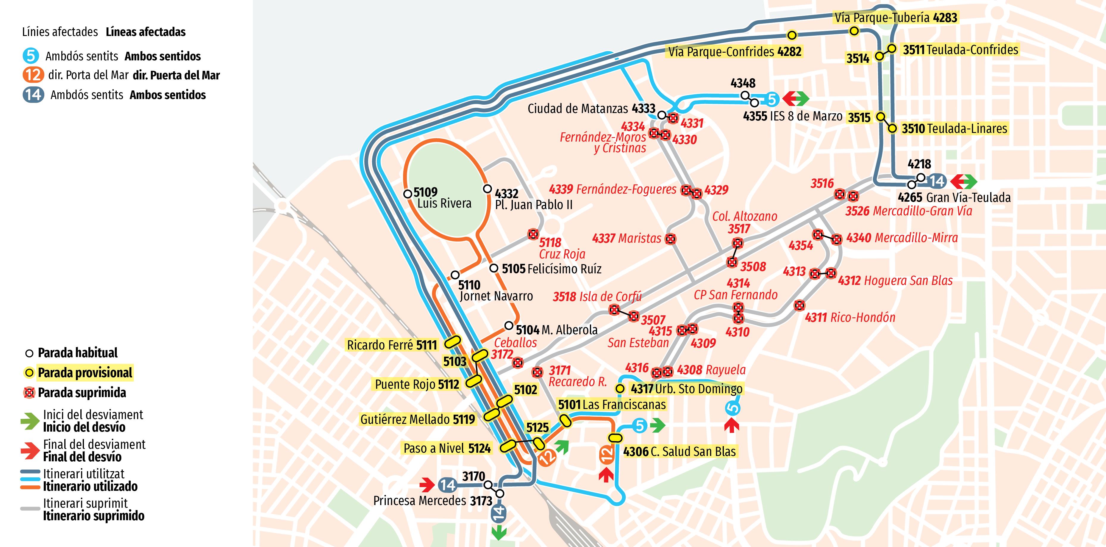Cambios de paradas y desvíos del autobús de Alicante.
