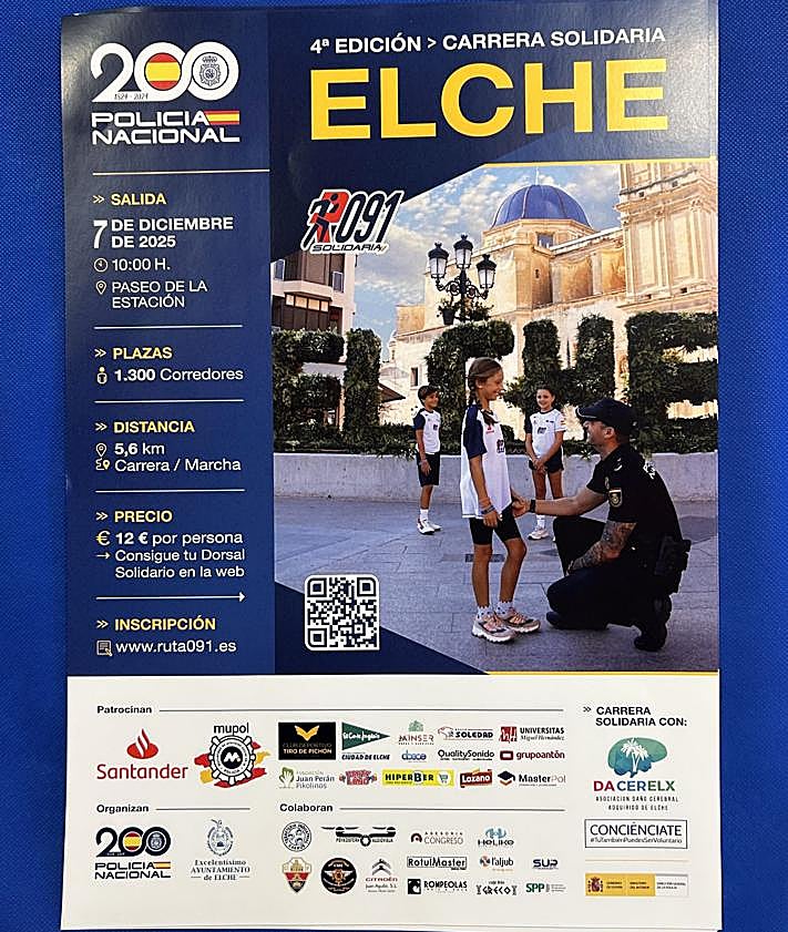 Imagen secundaria 2 - Momentos de la presentación de la Ruta 091 Elche 2025: representantes municipales, ONG beneficiarias y Policía Nacional detallan el nuevo recorrido y el carácter solidario de la prueba.