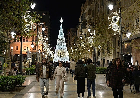 Árbol gigante de la Navidad y luces en la avenida de la Constitución.